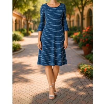 Star Vixen Dress Womens MP Blue White Bell Sleeve Knit Midi Soft Stretch NWT - Image 1 of 4