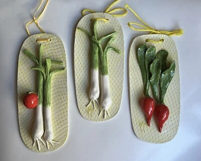 Set Of 3 Signed Studio Ceramic Wall Plaques 3D Vegetable Themed 7.5 X 3.5 - Image 1 of 4
