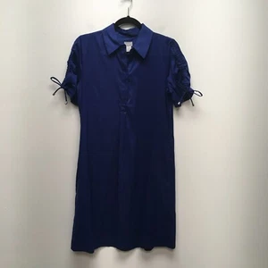 Chicos Women Club Blue Solid Short Ruched Sleeve Pockets Collared Mini Dress 4/6 - Picture 1 of 8