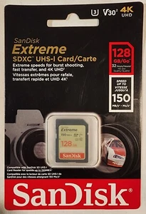Carte mémoire SanDisk 128 Go Extreme SDXC UHS-I - 150 Mo/s, C10, U3, V30, 4K UHD, S - Photo 1 sur 7