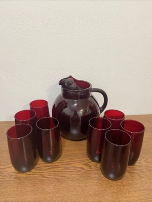 Vintage Royal Ruby Red Glass Ball Pitcher Anchor Hocking Set With  8 Glasses - Image 1 of 4
