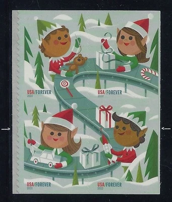 5722-5725a Misperf/Diecut Shift Error / EFO Block of 4 "Holiday Elves" Mint NH  - Image 1 of 2
