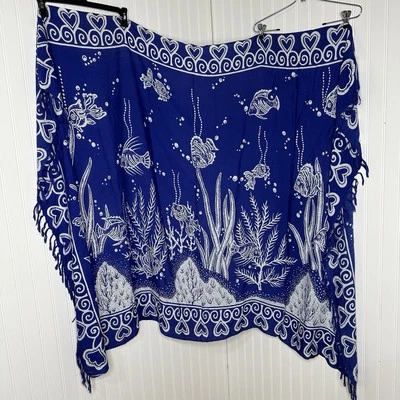 De Colección Piña Luna Sarong Azul Blanco Océano Estampado Peces Flecos Envoltura 46x63 Vacaciones Foto 1 de 4