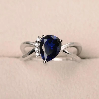 2.10 Ct Pear Natural Sapphire & Diamond Engagement Ring 14K White Gold Sz 6.5 - Image 1 of 4