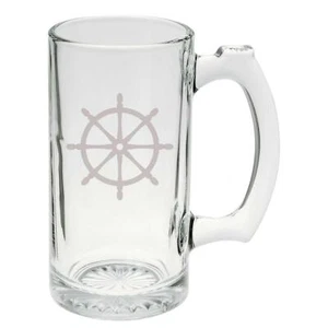 Pirate Ship Wheel Hand Etched Mug - 25 Ounce Etched Stein Glass Mug - Picture 1 of 1