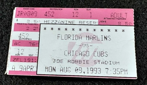 Florida Marlins 1st Season Chicago Cubs 8/9/1993 Game Ticket Stub Sammy Sosa 2 R Cover