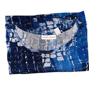 Susan Graver Womens 3X Printed Textured Liquid Knit Cold Shoulder Top Blue NWT - Picture 1 of 4