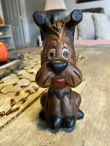 Vintage Wood Hand Carved Dog Statue Hand Painted 8”H Sculpture Souvenir Handmade - Picture 1 of 9