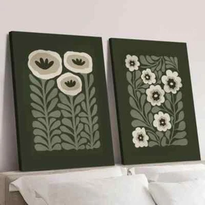 2pcs Dark Green Floral Sage Green Abstract Floral Wall Art Canvas Unframed - Picture 1 of 7
