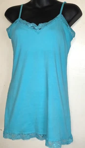 Vintage Y2K Tank Top XL Aqua Blue Shelf Bra No Boundaries Lace Trim Unribbed - Picture 1 of 15