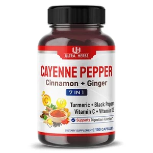 Ultra Herbs Cayenne Pepper Capsules 150 Count 20 1 Extract for Overall Health - Picture 1 of 6