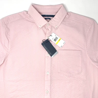Perry Ellis Stretch Pink Textured Stripe Mens Short Sleeve Button Up Size Medium - Image 1 of 4