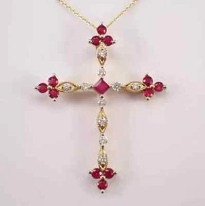 Lab Created Red Ruby 2.00CT Round Cut Cross Pendant 14K Yellow Gold Plated - Picture 1 of 9