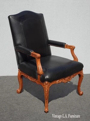 Vintage Baker Furniture Black Leather French Louis Lounge Throne Chair - Image 1 of 4