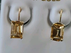 Yellow Topaz Labcreated Octagon Cut Leverback Earrings 14kt Solid Yellow Gold  - Picture 1 of 23
