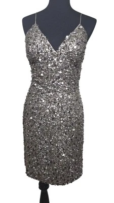 Adrianna Papell E Live On The Red Carpet Silver Sequin Mini Dress Sz 10 - Image 1 of 4