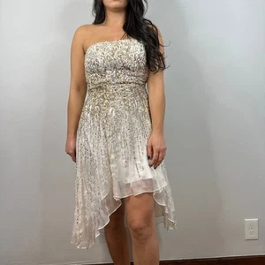 Sherri Hill White Gold & Silver Sequin Waterfall Strapless Dress SIZE 8 - Picture 1 of 5