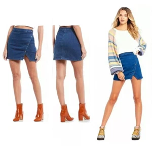 Free People Women's Blue Notched Denim Button Wrap Mini Skirt NWT Size 8 - Picture 1 of 8