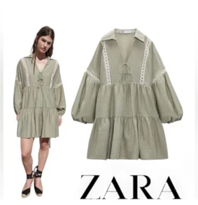 NWT ZARA Tiered Dress With Lace Inserts Size Small Long Sleeves - Picture 1 of 7