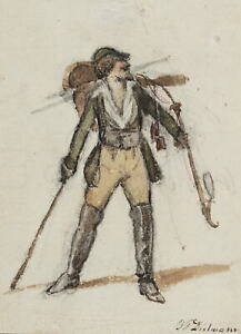 J. DIELMANN (1809-1885), Wędrowiec z fajką, około 1840 roku, Akwarela Romantyczny