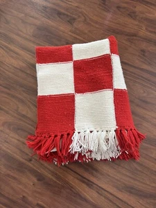 Vintage Red White Checkered Afghan With Fringe - Picture 1 of 6