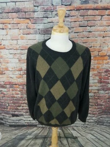 Grayson Dunn Grey Green Argyle Crewneck 100% 2 Ply CASHMERE Pullover Sweater XL - Picture 1 of 6