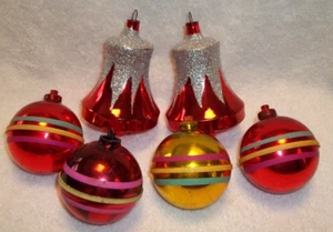 6 Vintage Christmas Ornaments 2 Large Silvered Bells & 4 Striped Balls PLASTIC - Picture 1 of 24