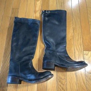 ASH SCOTT LEATHER Tall BOOTS BLACK KNEE HIGH Distressed Womens Size 36-1/2 - Picture 1 of 10