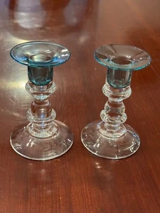Artist Signed Glass Art Candlesticks Clear on Bottom and Blue on Top 2 Tone - Bild 1 von 8
