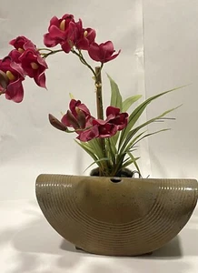 Mid Century Cylinder Saddle Slab Tan Green Vase • Ikebana . Signed - Picture 1 of 8