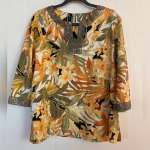 Alfred Dunner Bluse Damen 14 gelb orange Blumen tropisch Häkel metallic - Bild 1 von 6