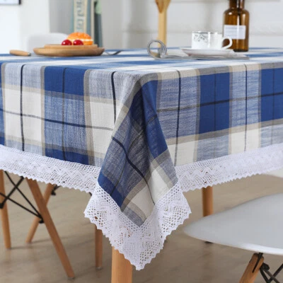 Home Check Tablecloth Lace Trim Pastoral Plaid Table Cloth Cover Kitchen Dining  - Image 1 of 4