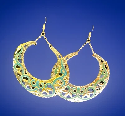 NWOT Large Earrings Silvertone & Turquoise Enamel Boho French Wire Dangle 3"x3" - Image 1 of 4