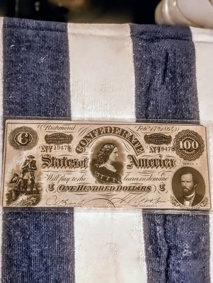 T-65 1864 $100 Confederate Currency  Lucy Pickens Civil War Era - Image 1 of 2