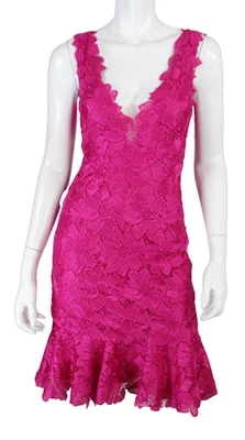 Mini Vestido MONIQUE LHUILLIER $3,290 NUEVO CON ETIQUETAS Rosa Magenta Encaje Ajuste y Acampanado 4 Foto 1 de 4