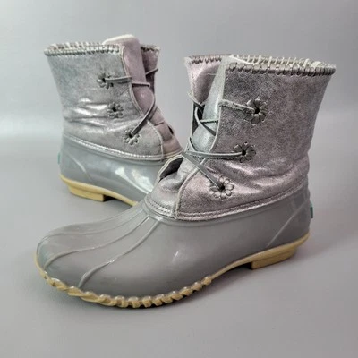 Jack Rogers Womens Hayley Duck Boot Size 9M Gray Silver Lace-Up Rubber Leather - Image 1 of 4