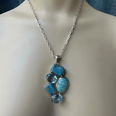 Collar Colgante Barse 19" Azul Turquesa Topacio Laboratorio Amazonita 925 Esterlina 38.2g Foto 1 de 4