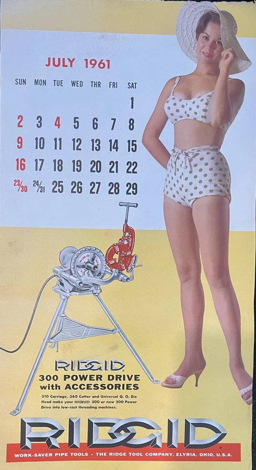 Vintage RIDGID Pipe Threader sexy CALENDAR Girl Girly - 11" x 20" JULY 1961 - Image 1 of 1