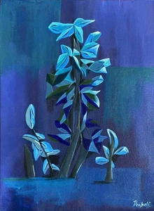 Original Acrylic Plant Painting Abstract Cubism Art Mid Century Modern Art 12x16 - Picture 1 of 19