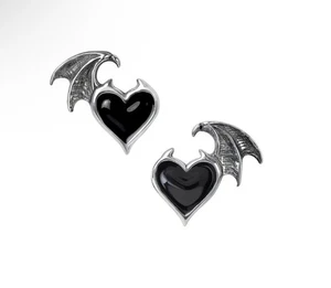 Winged Black Heart Earrings Alchemy Gothic Blacksoul stud earrings Made in UK - Picture 1 of 3