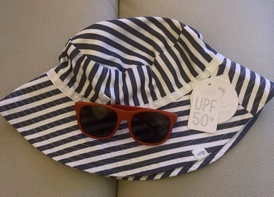 Conjunto de sombrero y gafas de sol unisex Mud Pie talla 6-18 M blanco azul a rayas UPF 50+ NUEVO CON ETIQUETAS Foto 1 de 4