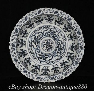 Bandeja Plato Plato 16.8" Marcado Ming Hongwu Azul Blanco Porcelana Patrón Flor Foto 1 de 4