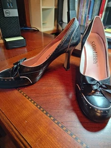 Sam & Libby Women’s Sz 8.5M Leather 3” Heels Black Perforated Trim Bow - Picture 1 of 6