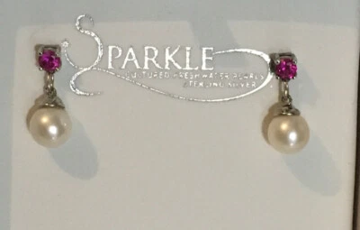 Sterling Silver Cultured Pearl & Simulated Ruby Drop Earrings NIB - Image 1 of 4