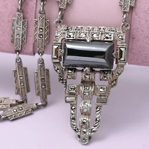 Vtg 1930s Art Deco HEMATITE Sterling Silver Marcasite Necklace - Picture 1 of 6
