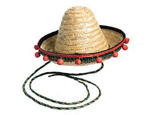 Small Straw Sombrero Mexican Hat Cinco De Mayo Red Pom Poms Costume Accessory