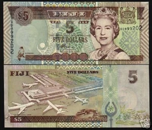 FIJI ISLANDS 5 DOLLARS P-105B 2003 AIR PLANE BOAT QUEEN BIRD UNC MONEY BANK NOTE - Picture 1 of 6