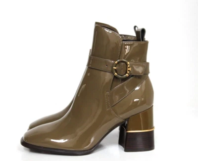 Nuevo Talla 5.5 Tory Burch Tostado Charol Multi Logo Hebilla Botines Zapatos Foto 1 de 4