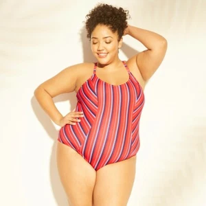 Nuevo con etiquetas Traje de baño de una pieza Kona Sol para mujer talla grande 18W rojo azul a rayas con cordones en la espalda - Imagen 1 de 6
