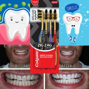 Colgate Zigzag Charcoal Medium Bristle Manual Toothbrush Removes Germs pack of 4 - Picture 1 of 8